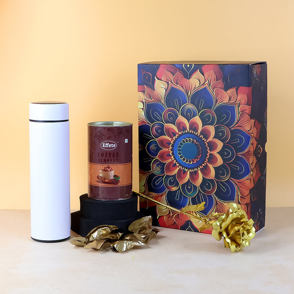 Effete Coffee Almonds Gift Hamper Golden Rose With Bottle (3 Pc Set)